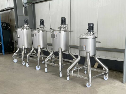 2 x New 100L stainless-steel AISI316L vertical mixing tanks.  1 x New 150L stainless-steel AISI316L vertical mixing tank.  1 x New 50L stainless-steel AISI316L vertical mixing tank.