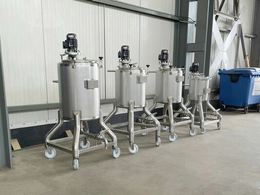 2 x New 100L stainless-steel AISI316L vertical mixing tanks.  1 x New 150L stainless-steel AISI316L vertical mixing tank.  1 x New 50L stainless-steel AISI316L vertical mixing tank.