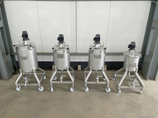 2 x New 100L stainless-steel AISI316L vertical mixing tanks.  1 x New 150L stainless-steel AISI316L vertical mixing tank.  1 x New 50L stainless-steel AISI316L vertical mixing tank.