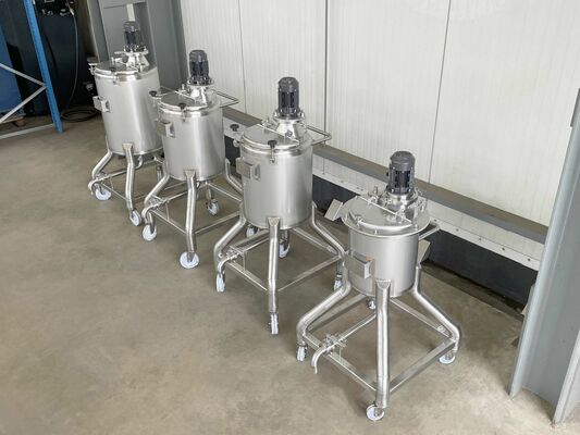 2 x New 100L stainless-steel AISI316L vertical mixing tanks.  1 x New 150L stainless-steel AISI316L vertical mixing tank.  1 x New 50L stainless-steel AISI316L vertical mixing tank.