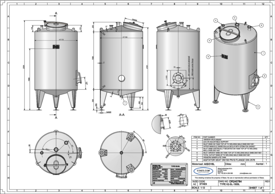 1 x New 1.500L stainless-steel AISI316L vertical mixing tank.