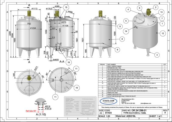 1 x New 1.330L stainless-steel AISI316L vertical mixing tank. 1 x New 200L stainless-steel AISI316L vertical mixing tank.