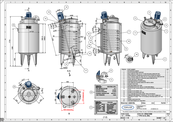 1 x nouvelle cuve de mélange verticale avec une capacité de 300L en acier inoxydable AISI316L.