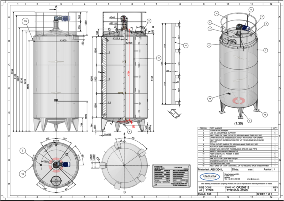 1 x New 20.300L stainless-steel AISI304L vertical mixing tank.