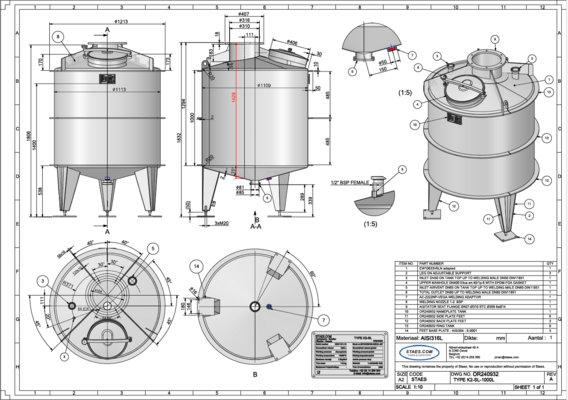 1 x Neuer vertikaler 1.000L Edelstahl-Mischbehälter aus AISI316L