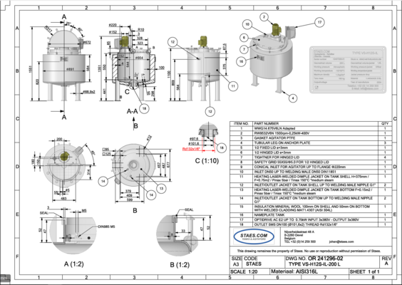 1 x New 1.330L stainless-steel AISI316L vertical mixing tank. 1 x New 200L stainless-steel AISI316L vertical mixing tank.