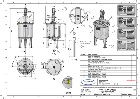 4 x neue vertikale 200L Edelstahl AISI316L Mischtanks